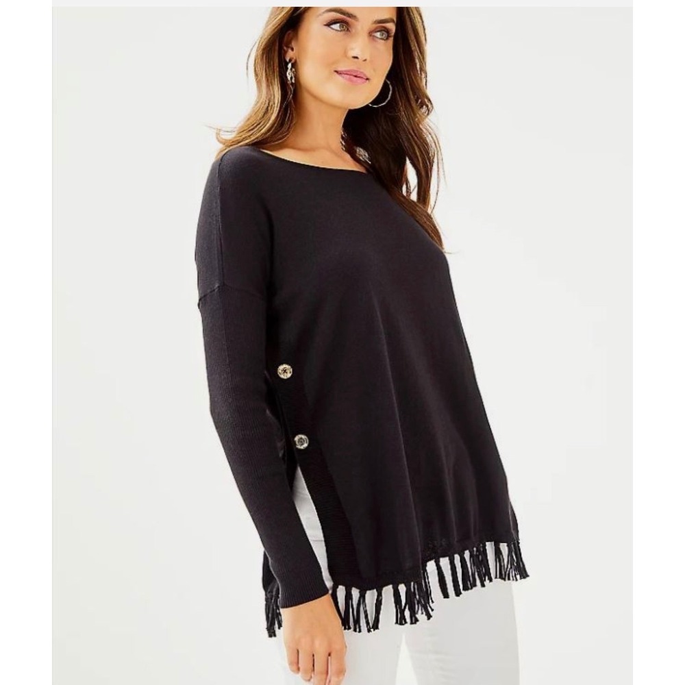 Lilly Pulitzer Black Fringe Hem Button Side Scoop Neck Sweater XS